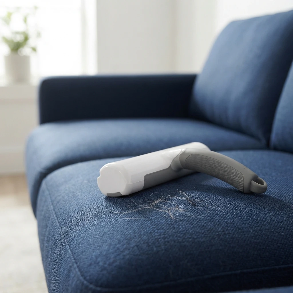 Reusable pet hair removal brush resting on a navy sofa beside a clump of lifted pet fur