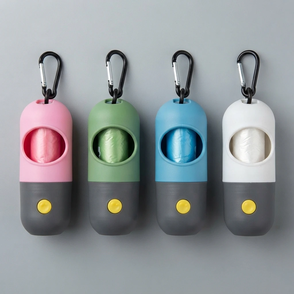 Four dog waste bag dispensers in pink, green, blue and white with carabiner clips
