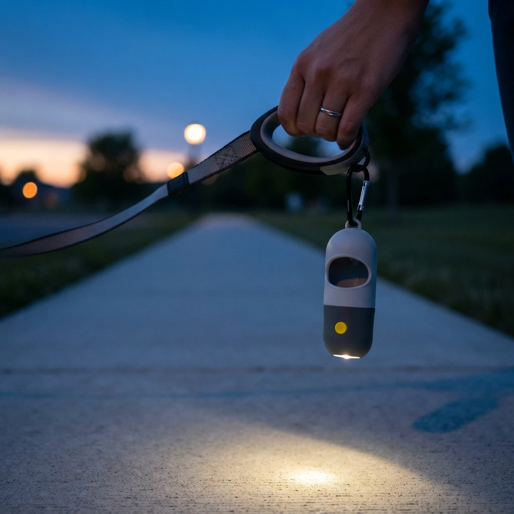 Dog waste bag dispenser with LED torch lit, clipped to a lead, illuminating a footpath at dusk